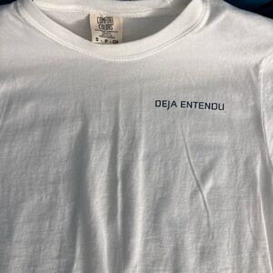 Comfort Colors White Tee with Navy "Deja Entendu" Chest Text
